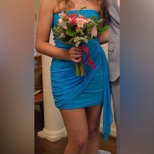Amanda Uprichard X REVOLVE Anja Mini RUCHED Dress Tropical Turquoise $246 SM